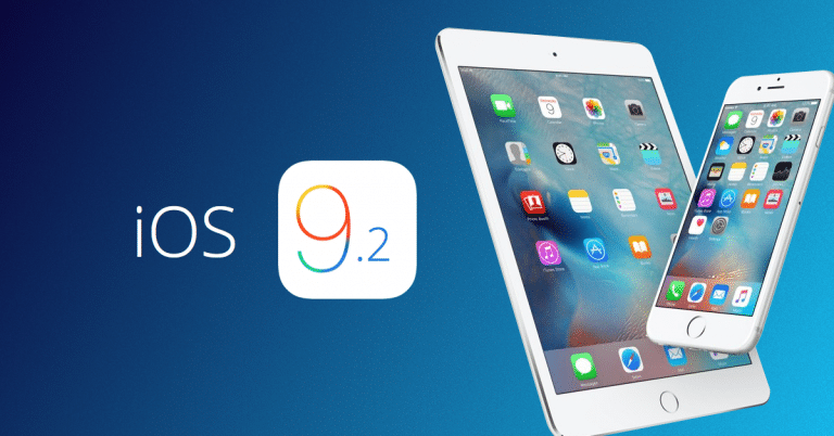 An iPad and iPhone displaying the iOS 9.2 logo, set against a blue gradient background.