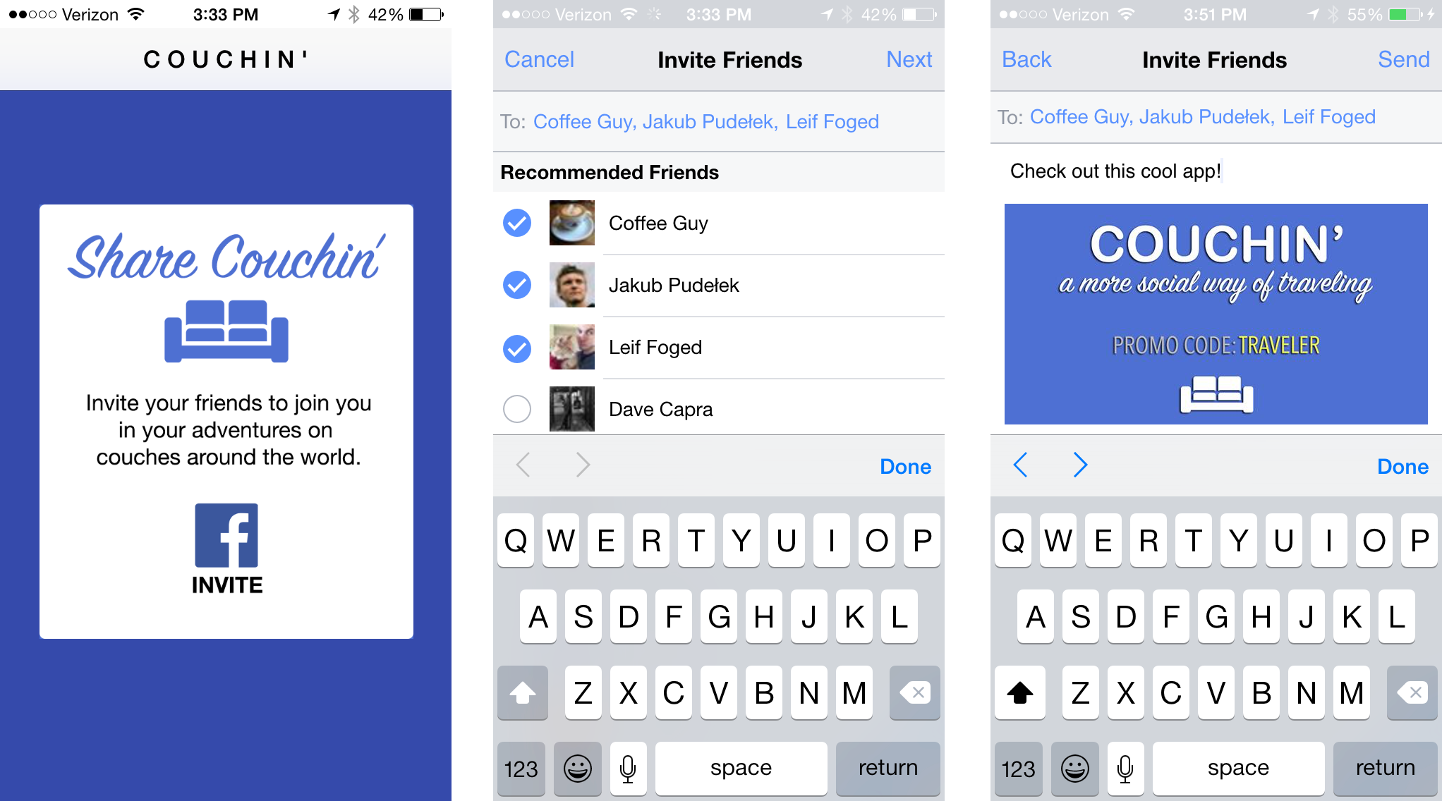Screenshots of the Couchin' app showing friend invitation screen, recommended friends list, and a promo code for new users.