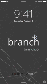 A smartphone lock screen displaying the time 9:41 and the Branch.io logo on a dark, network-themed background.