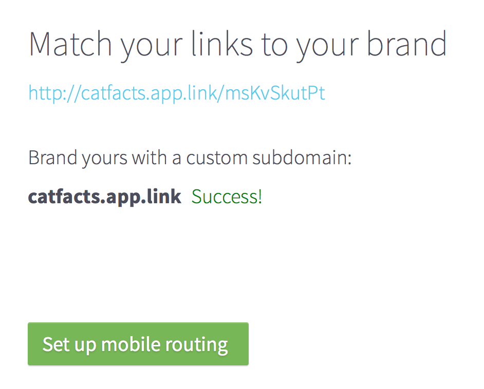 Screenshot of a web page showing a custom subdomain 'catfacts.app.link' with a message indicating 'Success!'