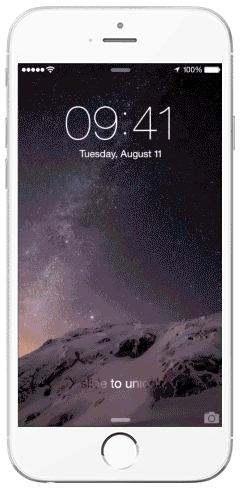 A white smartphone displaying the lock screen with the time 09:41, date Tuesday, August 11, and a starry mountain background.