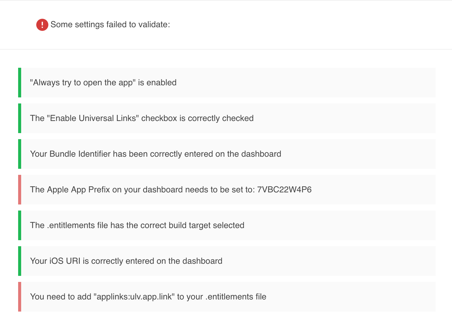 Screenshot of checklist items related to app settings, including "Always try to open the app" and Universal Links configuration.