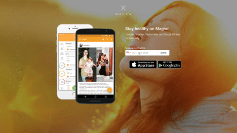 GIF showing Magra app promotion with iPhone and Android screens, tagline “Stay healthy on Magra!” and download options on App Store and Google Play.