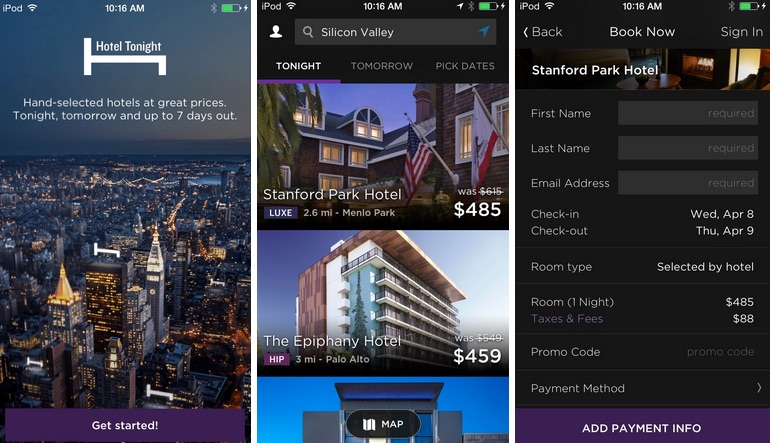 A collage of three smartphone screenshots showing a hotel booking app interface.