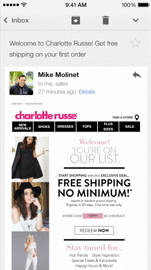Email from Charlotte Russe offering a welcome message and promotion for free shipping on first orders. Includes images of clothing and models.
