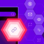 Graphical image of what deep linking is with the chain link image in red on a purpke background.