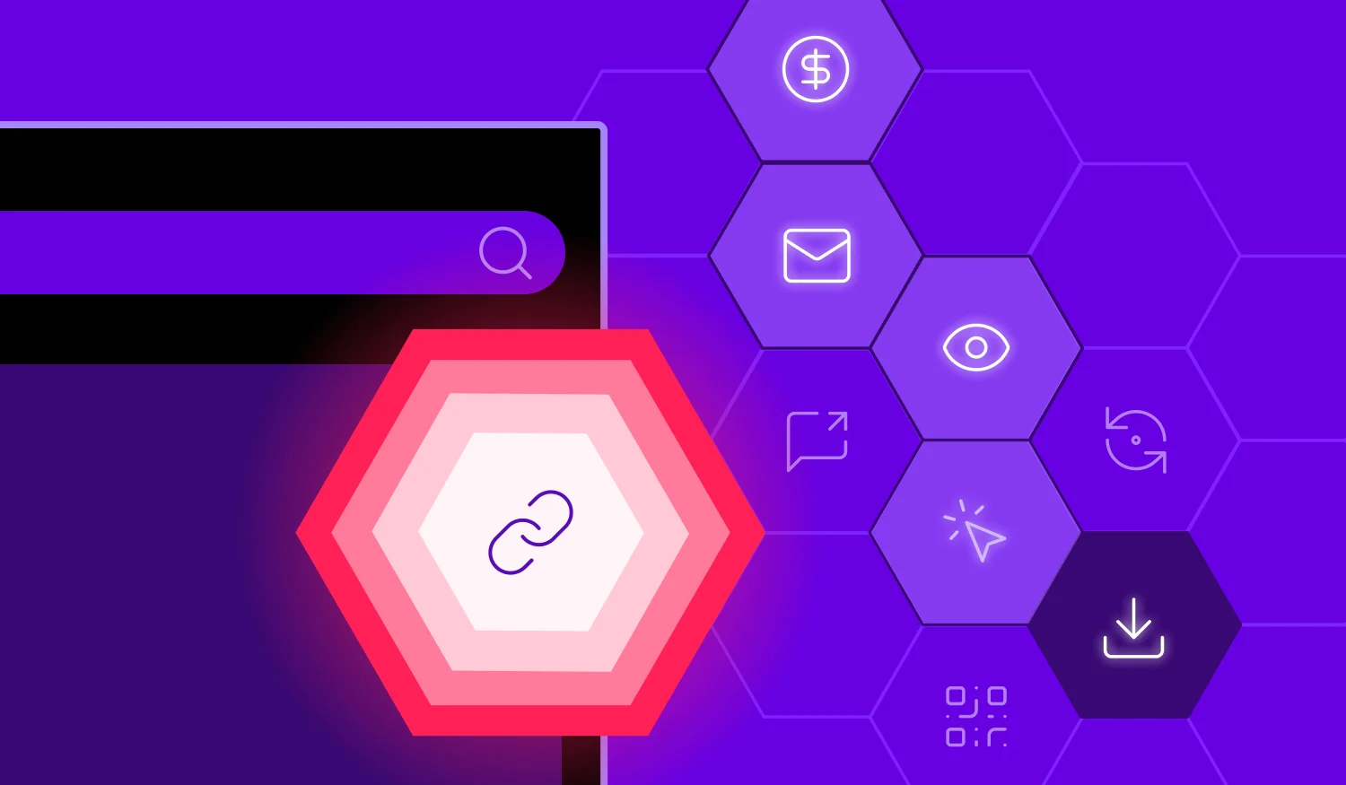Graphical image of what deep linking is with the chain link image in red on a purpke background.