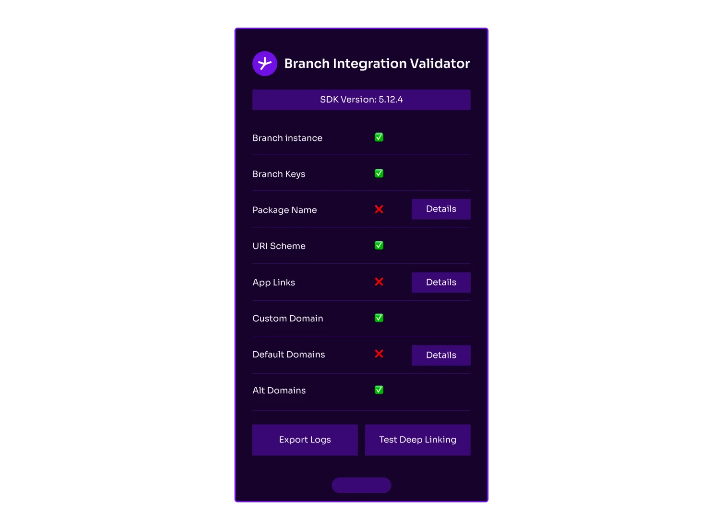 Screenshot of the Branch Integration Validator app showing SDK Version 5.12.4 with a checklist of integration components. Branch Instance, Branch Keys, URI Scheme, Custom Domain, and Alt Domains show green checkmarks. Package Name, App Links, and Default Domains show red X marks with Details buttons. Export Logs and Test Deep Linking buttons appear at the bottom.