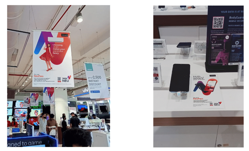 Two photos of signs in stores containing QR codes to scan