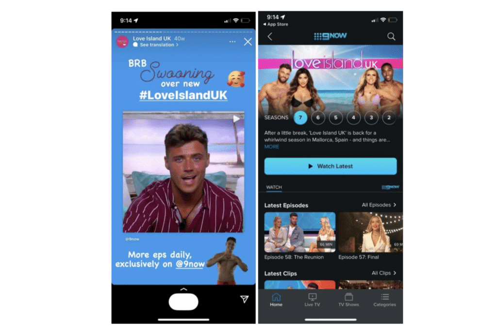 Screenshots of Love Island marketing on different apps